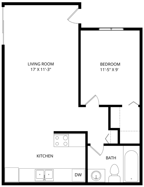 a floor plan of a 1 bedroom floor plan with a bathroom and a kitchen